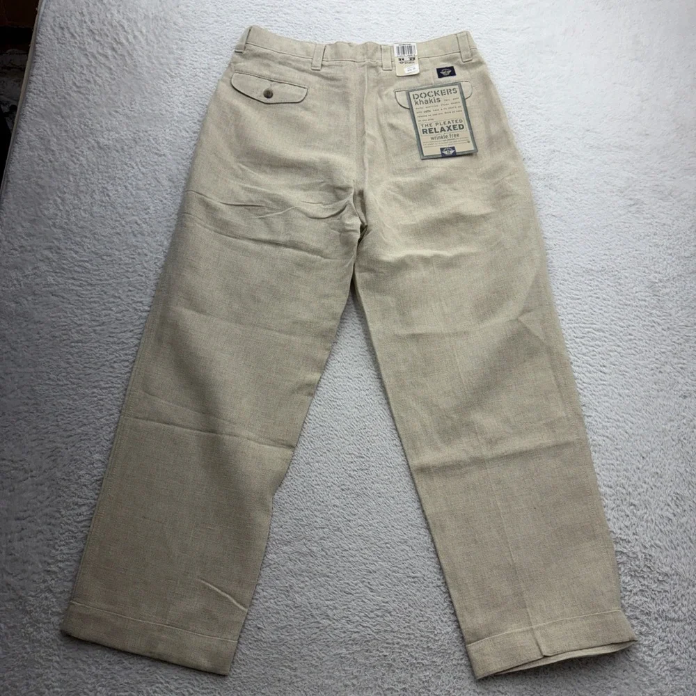 VTG Dockers Mens Beige Linen Blend Pleated Relaxed Khakis Pants Cuffed 34x29 NWT
